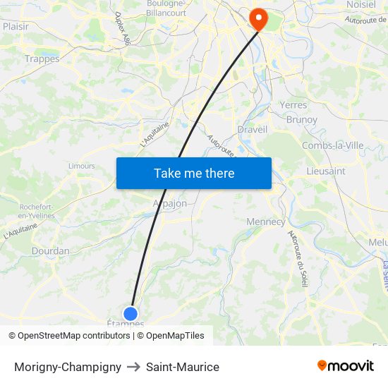 Morigny-Champigny to Saint-Maurice map