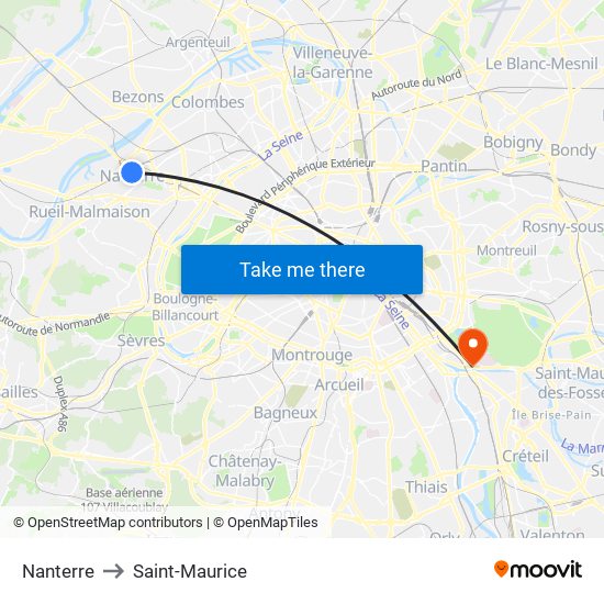 Nanterre to Saint-Maurice map