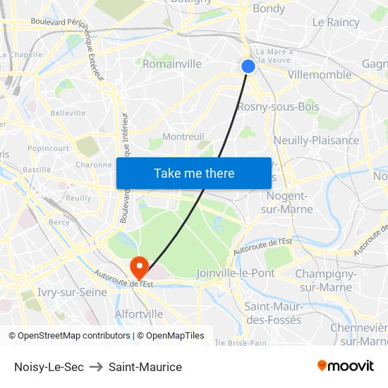 Noisy-Le-Sec to Saint-Maurice map