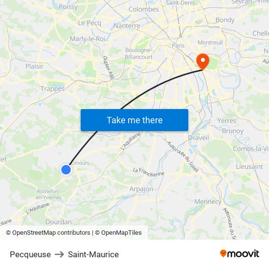 Pecqueuse to Saint-Maurice map