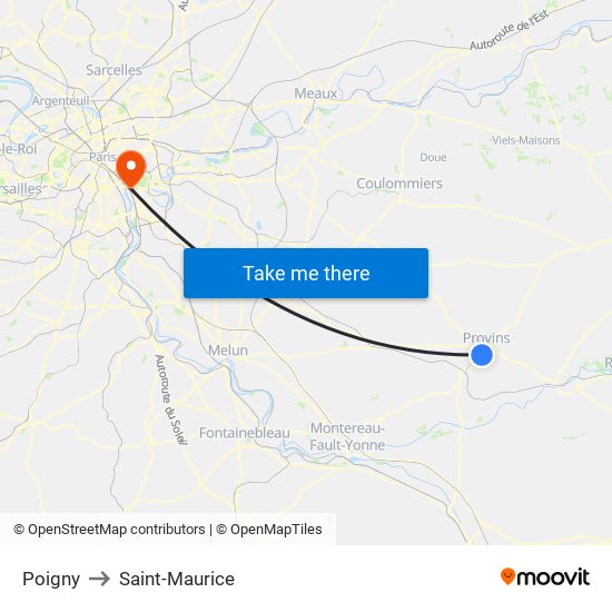 Poigny to Saint-Maurice map