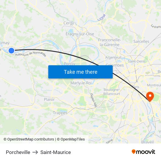 Porcheville to Saint-Maurice map