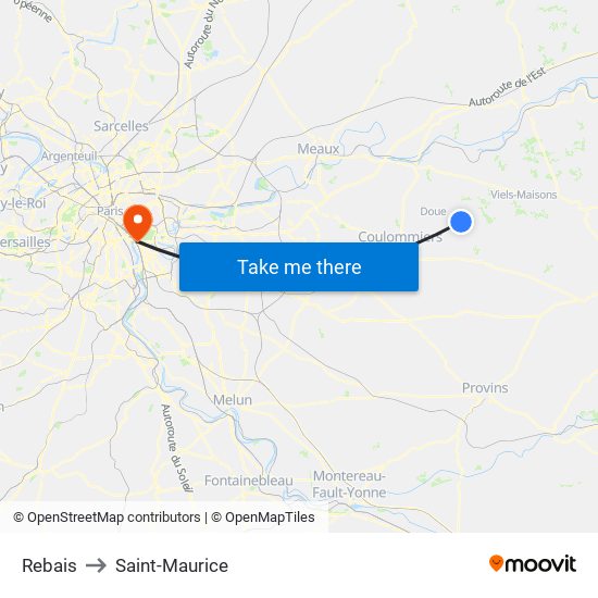 Rebais to Saint-Maurice map