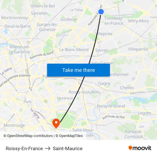 Roissy-En-France to Saint-Maurice map