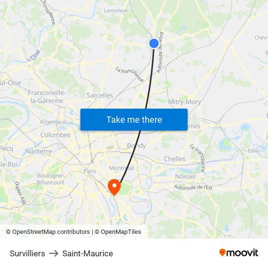 Survilliers to Saint-Maurice map