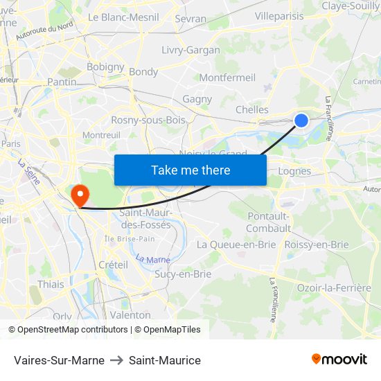 Vaires-Sur-Marne to Saint-Maurice map