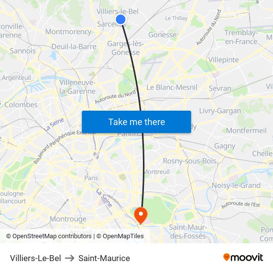 Villiers-Le-Bel to Saint-Maurice map