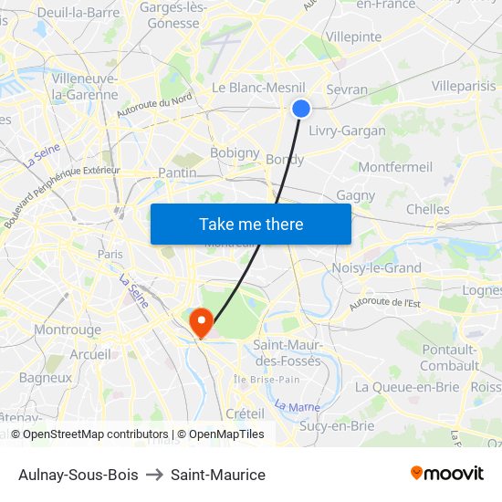 Aulnay-Sous-Bois to Saint-Maurice map