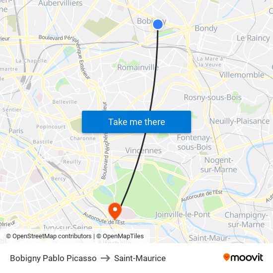 Bobigny Pablo Picasso to Saint-Maurice map