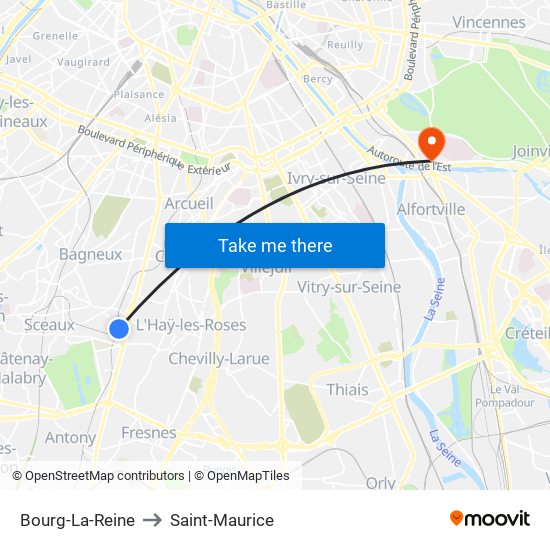 Bourg-La-Reine to Saint-Maurice map
