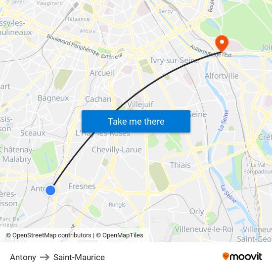 Antony to Saint-Maurice map