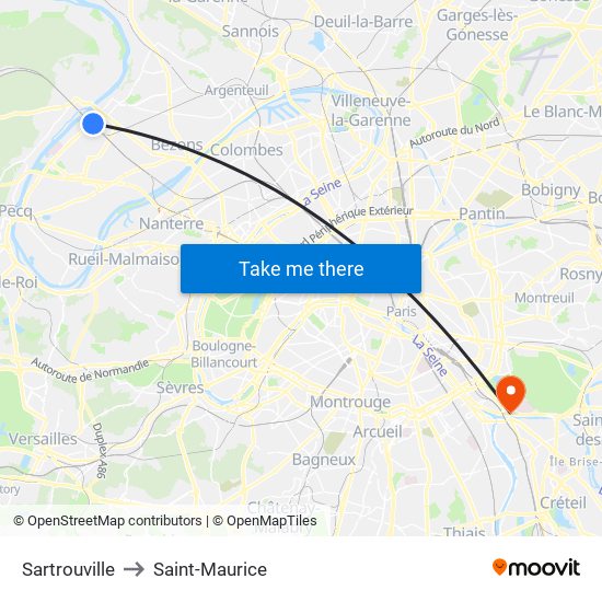 Sartrouville to Saint-Maurice map