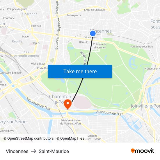 Vincennes to Saint-Maurice map