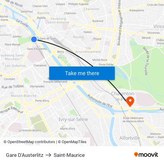 Gare D'Austerlitz to Saint-Maurice map