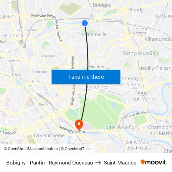 Bobigny - Pantin - Raymond Queneau to Saint-Maurice map