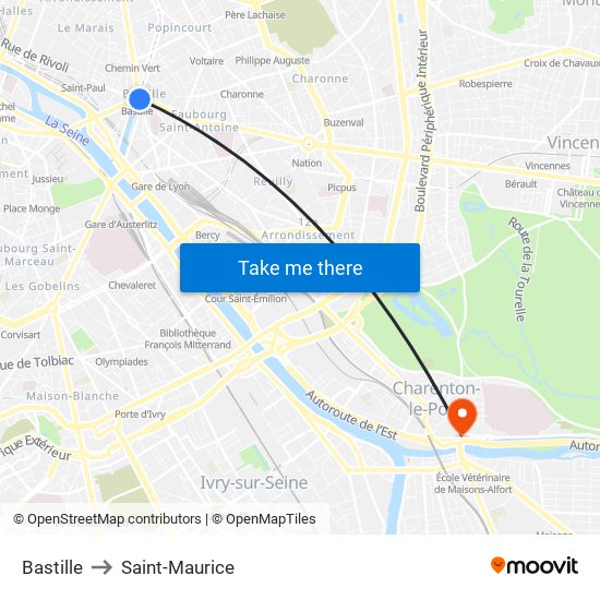 Bastille to Saint-Maurice map