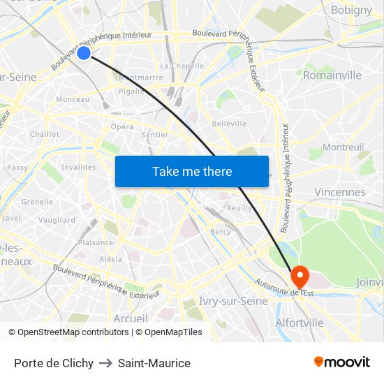 Porte de Clichy to Saint-Maurice map