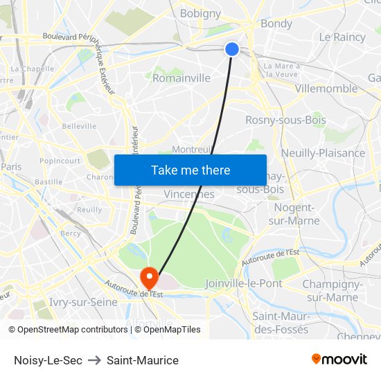 Noisy-Le-Sec to Saint-Maurice map