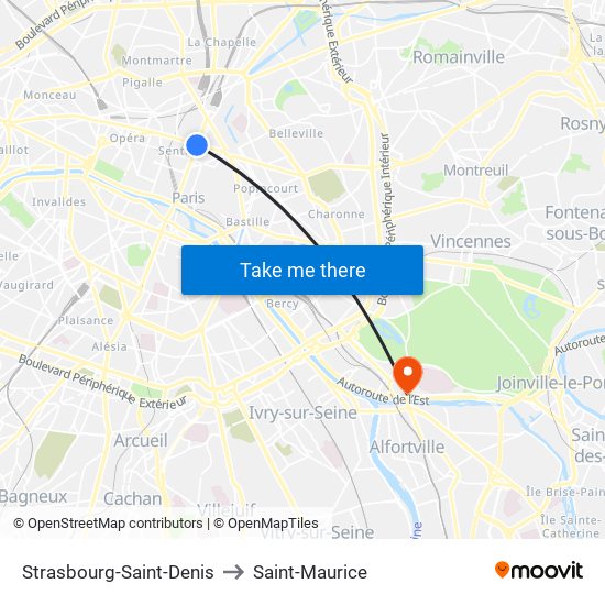 Strasbourg-Saint-Denis to Saint-Maurice map