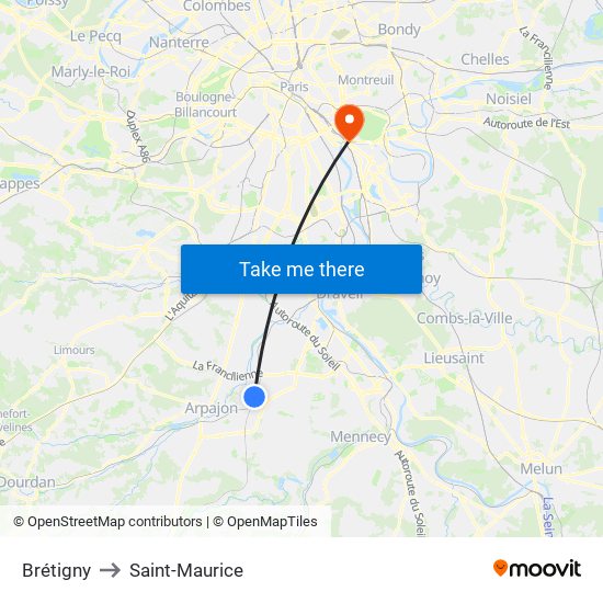 Brétigny to Saint-Maurice map