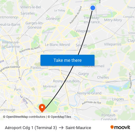 Aéroport Cdg 1 (Terminal 3) to Saint-Maurice map