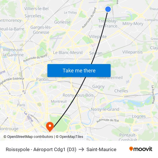 Roissypole - Aéroport Cdg1 (D3) to Saint-Maurice map