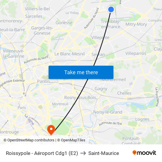 Roissypole - Aéroport Cdg1 (E2) to Saint-Maurice map