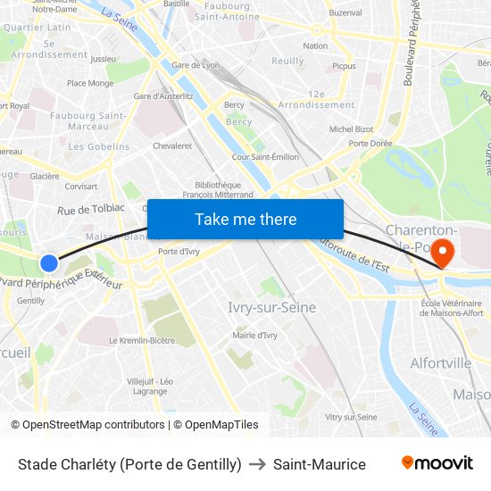 Stade Charléty (Porte de Gentilly) to Saint-Maurice map