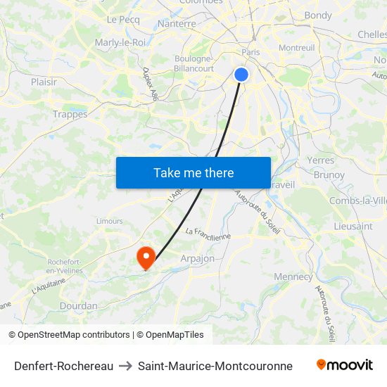 Denfert-Rochereau to Saint-Maurice-Montcouronne map
