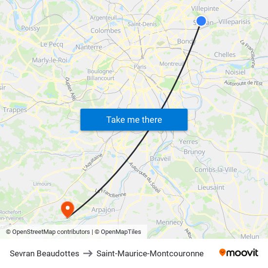 Sevran Beaudottes to Saint-Maurice-Montcouronne map