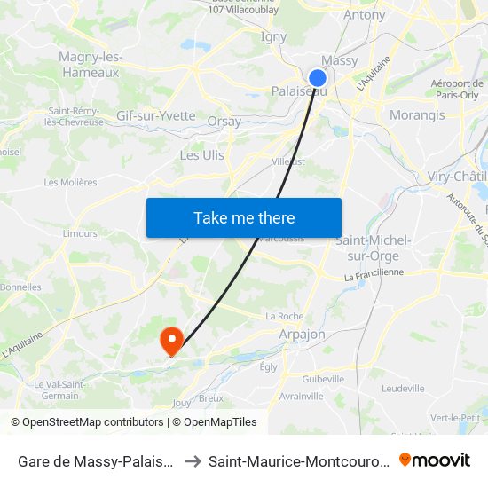 Gare de Massy-Palaiseau to Saint-Maurice-Montcouronne map