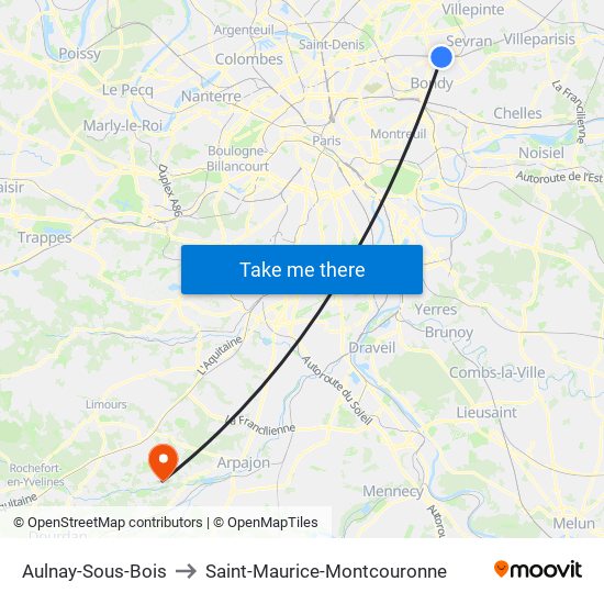 Aulnay-Sous-Bois to Saint-Maurice-Montcouronne map