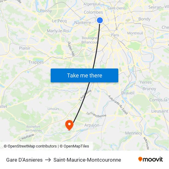 Gare D'Asnieres to Saint-Maurice-Montcouronne map