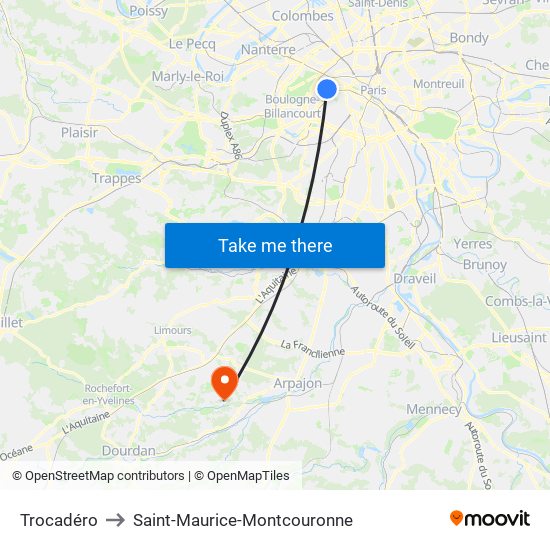 Trocadéro to Saint-Maurice-Montcouronne map