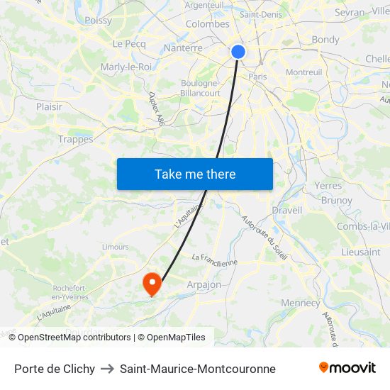 Porte de Clichy to Saint-Maurice-Montcouronne map
