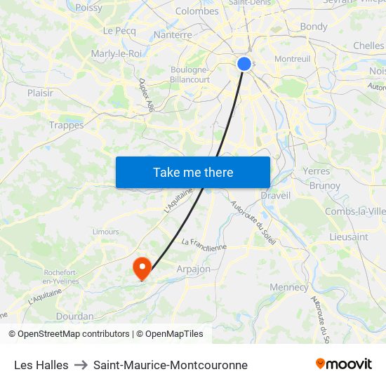 Les Halles to Saint-Maurice-Montcouronne map