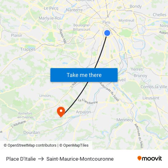 Place D'Italie to Saint-Maurice-Montcouronne map