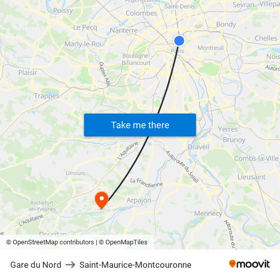 Gare du Nord to Saint-Maurice-Montcouronne map