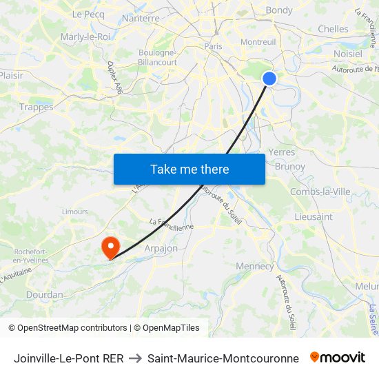 Joinville-Le-Pont RER to Saint-Maurice-Montcouronne map