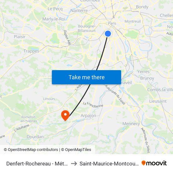 Denfert-Rochereau - Métro-Rer to Saint-Maurice-Montcouronne map