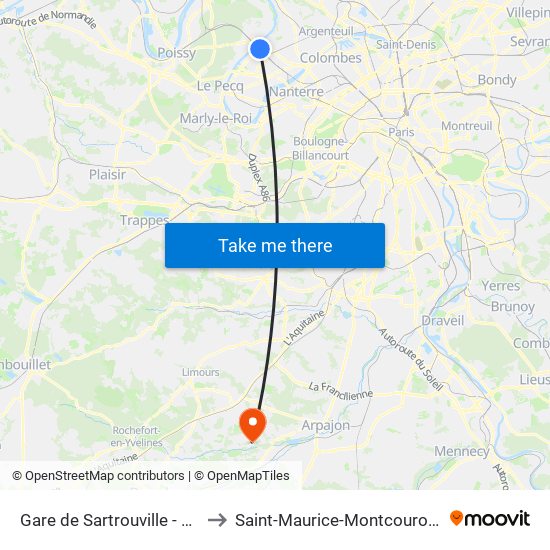 Gare de Sartrouville - RER to Saint-Maurice-Montcouronne map