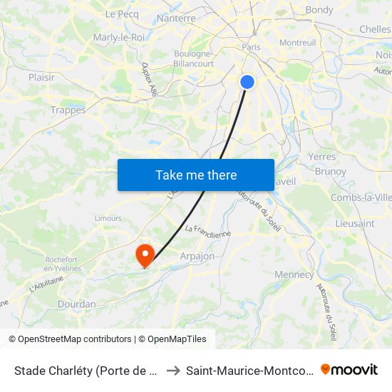 Stade Charléty (Porte de Gentilly) to Saint-Maurice-Montcouronne map