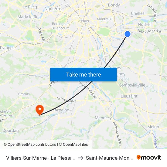 Villiers-Sur-Marne - Le Plessis-Trévise RER to Saint-Maurice-Montcouronne map
