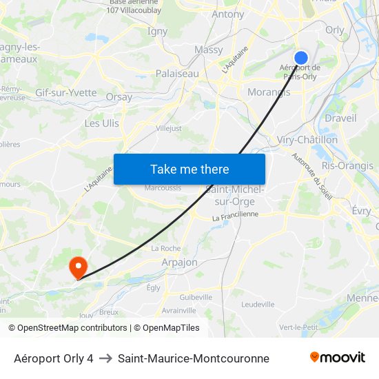 Aéroport Orly 4 to Saint-Maurice-Montcouronne map