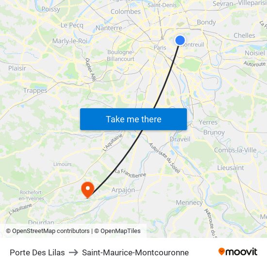 Porte Des Lilas to Saint-Maurice-Montcouronne map