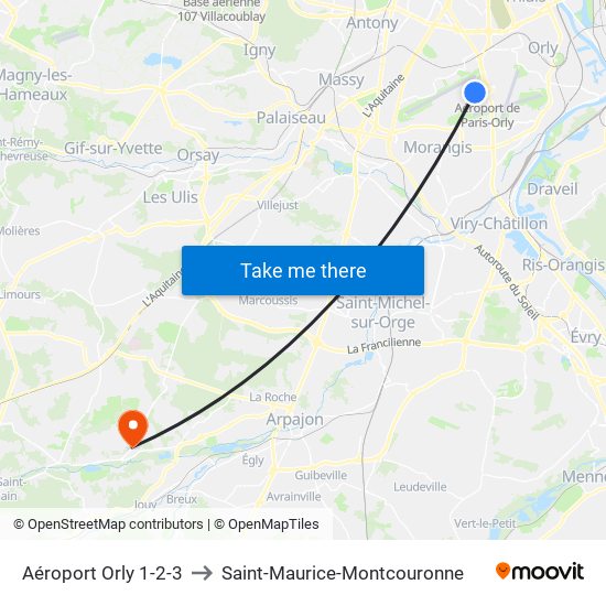 Aéroport Orly 1-2-3 to Saint-Maurice-Montcouronne map