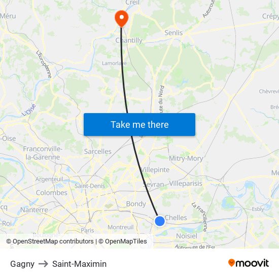 Gagny to Saint-Maximin map