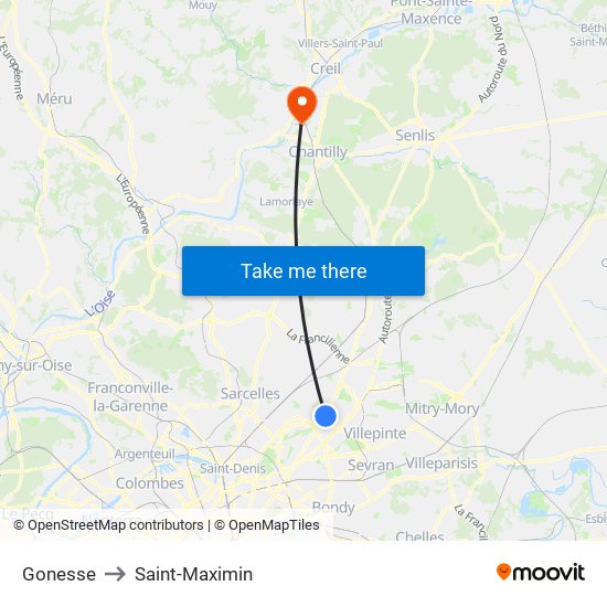 Gonesse to Saint-Maximin map