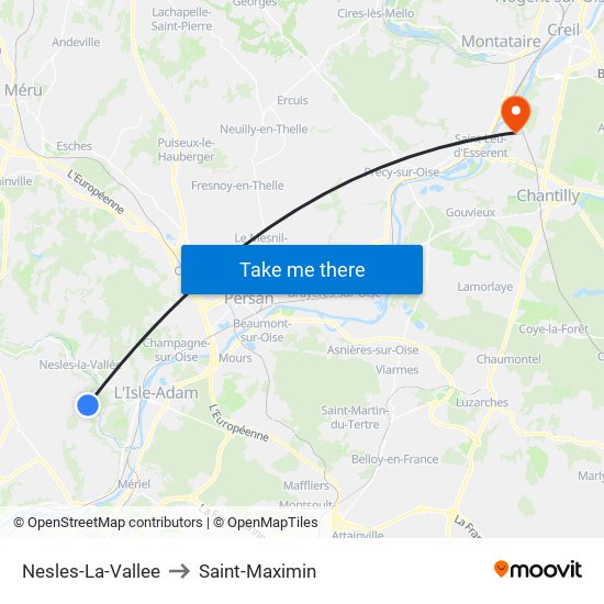 Nesles-La-Vallee to Saint-Maximin map