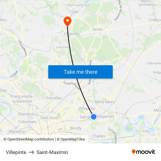 Villepinte to Saint-Maximin map